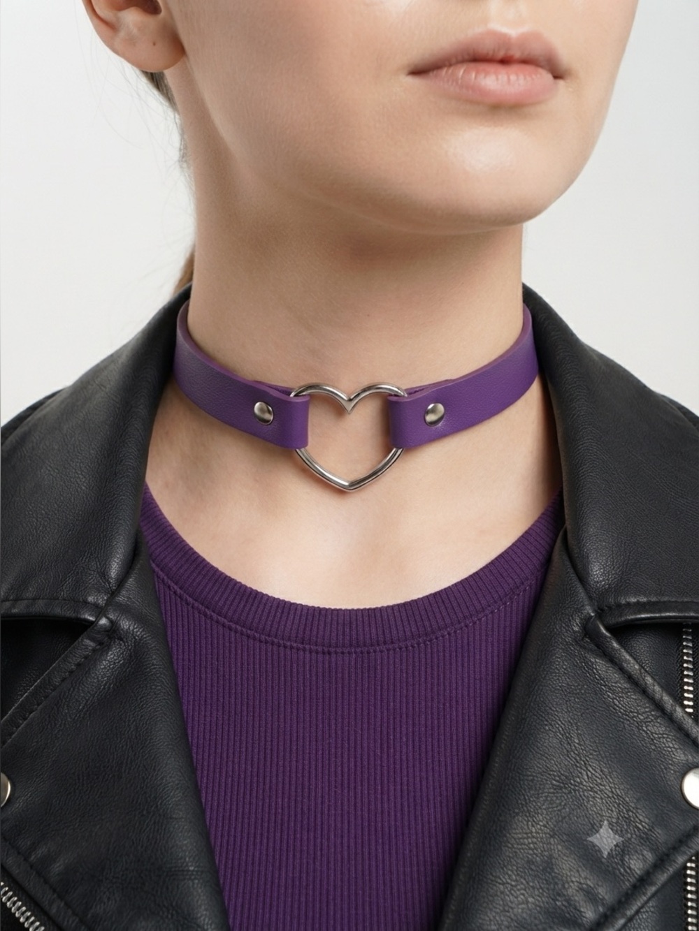 Purple PU Leather Heart Choker Necklace | Punk Gothic E-Girl Open Heart Pendant